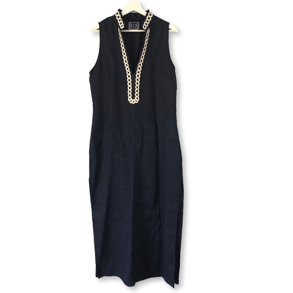 Sail to Sable Maxi Dress High Neck Slit Embroidered Navy - Picture 1 of 14